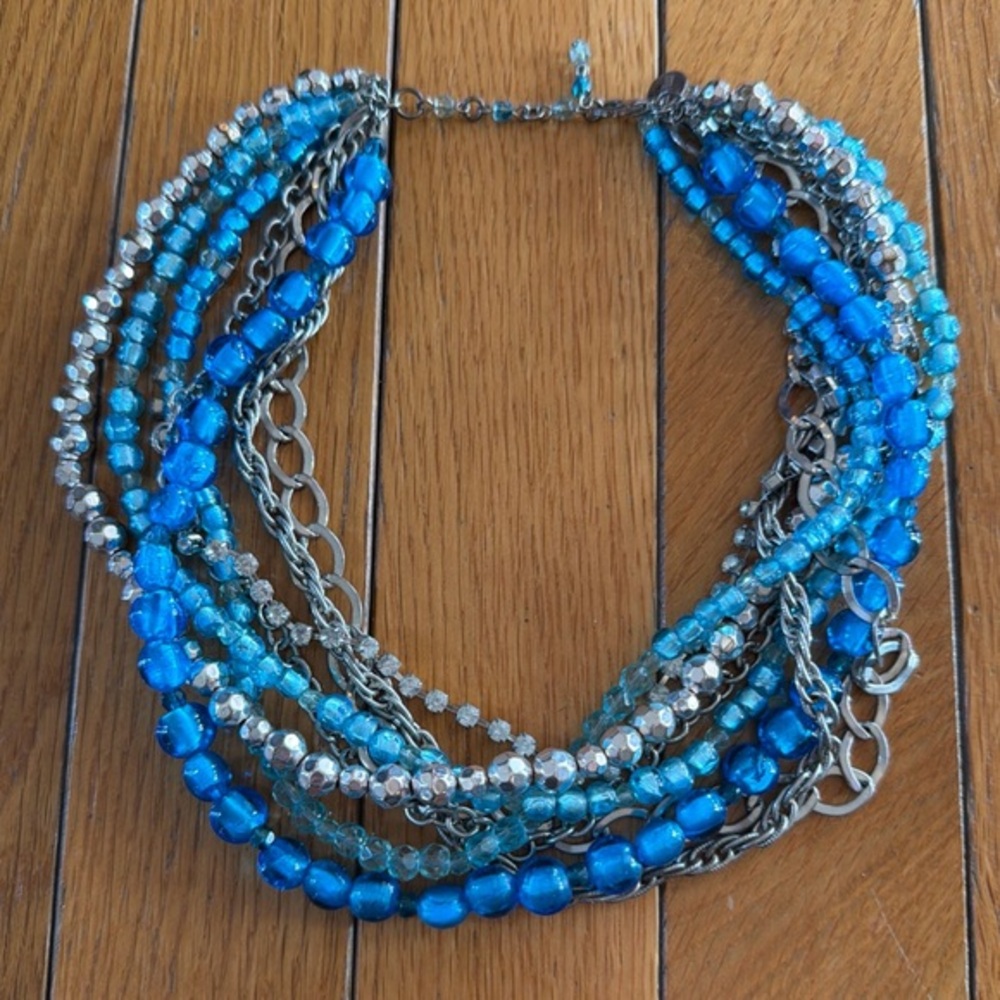 White House Black Market MultiStrand Aqua Blue Glass Silver Bead Necklace Choker